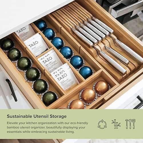 KitchenEdge Tea Bag and Coffee Pod Kitchen Drawer Organizer, Expandable 9.7 to 17 Inches, 10 Accessory Compartments with Adjustable Wall Inserts, Non-Slip Rubber Feet, 100% Sustainable Bamboo Wood - Image 6