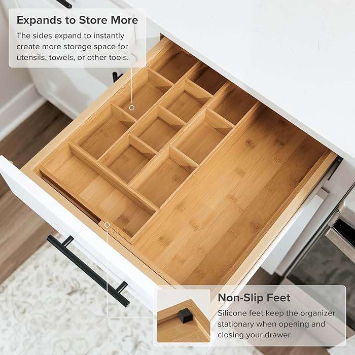 KitchenEdge Tea Bag and Coffee Pod Kitchen Drawer Organizer, Expandable 9.7 to 17 Inches, 10 Accessory Compartments with Adjustable Wall Inserts, Non-Slip Rubber Feet, 100% Sustainable Bamboo Wood - Image 7