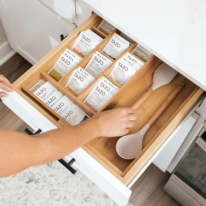 KitchenEdge Tea Bag and Coffee Pod Kitchen Drawer Organizer, Expandable 9.7 to 17 Inches, 10 Accessory Compartments with Adjustable Wall Inserts, Non-Slip Rubber Feet, 100% Sustainable Bamboo Wood - Image 8