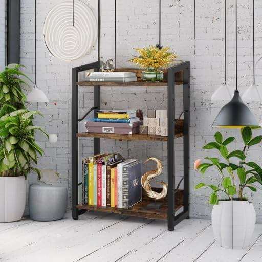 Hosfais Book Shelf Small Bookshelf: 3-Tier Wood Bookcase Industrial Bookshelf with Edge Protection Metal Narrow Bookcase Storage Organizer Display Rack for Bedroom Home Office (Rustic Brown) - Image 2