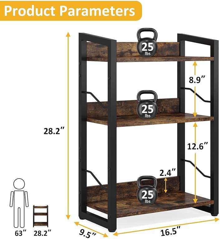 Hosfais Book Shelf Small Bookshelf: 3-Tier Wood Bookcase Industrial Bookshelf with Edge Protection Metal Narrow Bookcase Storage Organizer Display Rack for Bedroom Home Office (Rustic Brown) - Image 3