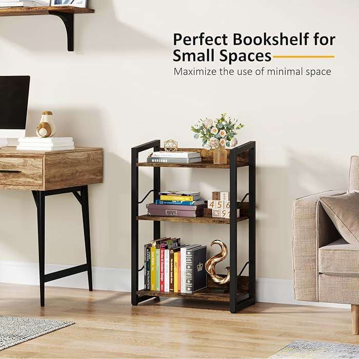 Hosfais Book Shelf Small Bookshelf: 3-Tier Wood Bookcase Industrial Bookshelf with Edge Protection Metal Narrow Bookcase Storage Organizer Display Rack for Bedroom Home Office (Rustic Brown) - Image 4