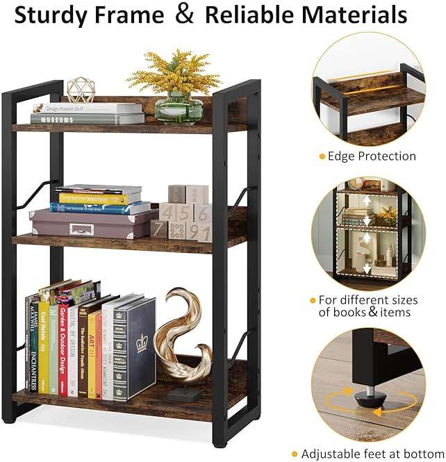 Hosfais Book Shelf Small Bookshelf: 3-Tier Wood Bookcase Industrial Bookshelf with Edge Protection Metal Narrow Bookcase Storage Organizer Display Rack for Bedroom Home Office (Rustic Brown) - Image 6