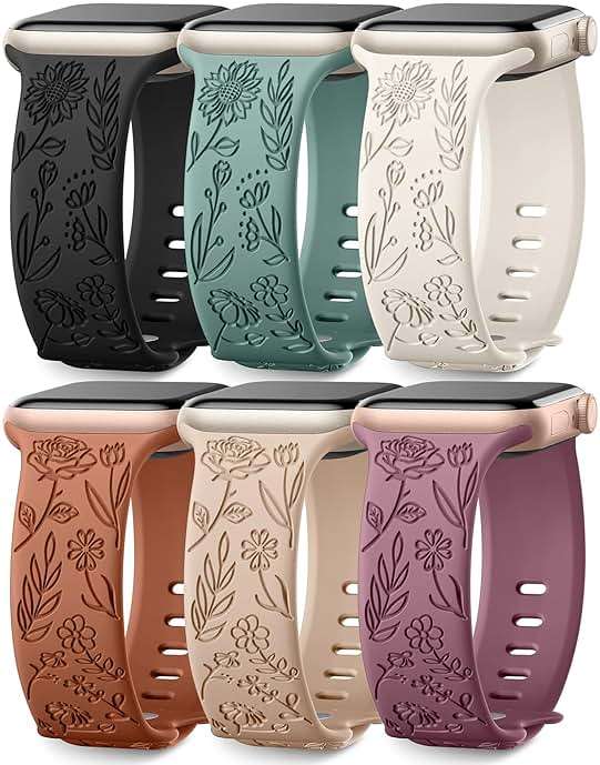 SNBLK 6 Pack Floral Engraved Bands Compatible with Apple Watch Bands 40mm 41mm 42mm 38mm 44mm 45mm 46mm 49mm Women Men, Silicone Flower Pattern Strap for iWatch Series 11 10 Se Ultra 9 8 7 6 5 4 3 2 1 - Image 1