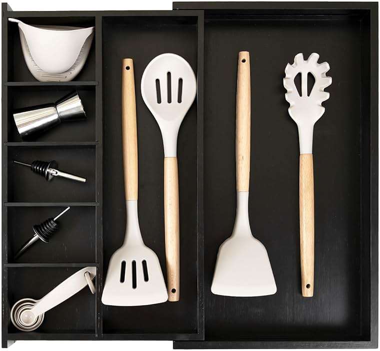 KitchenEdge Adjustable Kitchen Drawer Organizer for Utensils and Junk, Food-Safe Contract Grade with 100% Sustainable Wood, Expandable from 10.5 to 19 Inches Wide - Black Bamboo - Image 1