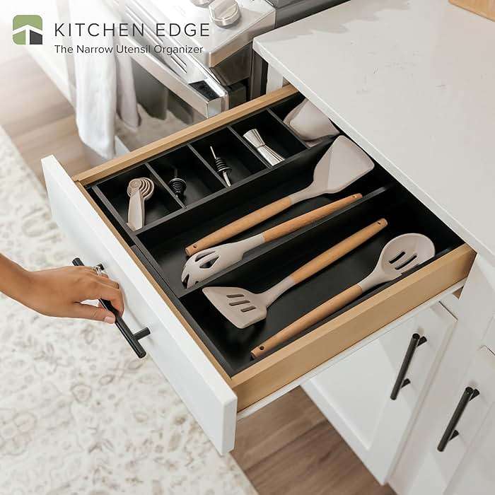 KitchenEdge Adjustable Kitchen Drawer Organizer for Utensils and Junk, Food-Safe Contract Grade with 100% Sustainable Wood, Expandable from 10.5 to 19 Inches Wide - Black Bamboo - Image 3