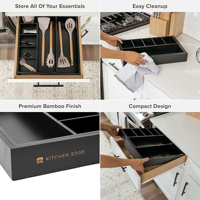 KitchenEdge Adjustable Kitchen Drawer Organizer for Utensils and Junk, Food-Safe Contract Grade with 100% Sustainable Wood, Expandable from 10.5 to 19 Inches Wide - Black Bamboo - Image 4