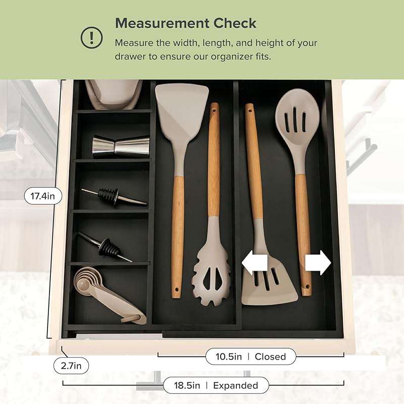 KitchenEdge Adjustable Kitchen Drawer Organizer for Utensils and Junk, Food-Safe Contract Grade with 100% Sustainable Wood, Expandable from 10.5 to 19 Inches Wide - Black Bamboo - Image 5