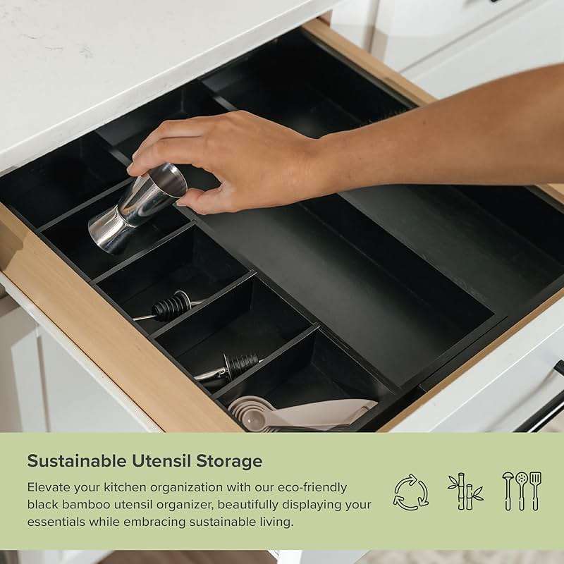 KitchenEdge Adjustable Kitchen Drawer Organizer for Utensils and Junk, Food-Safe Contract Grade with 100% Sustainable Wood, Expandable from 10.5 to 19 Inches Wide - Black Bamboo - Image 6
