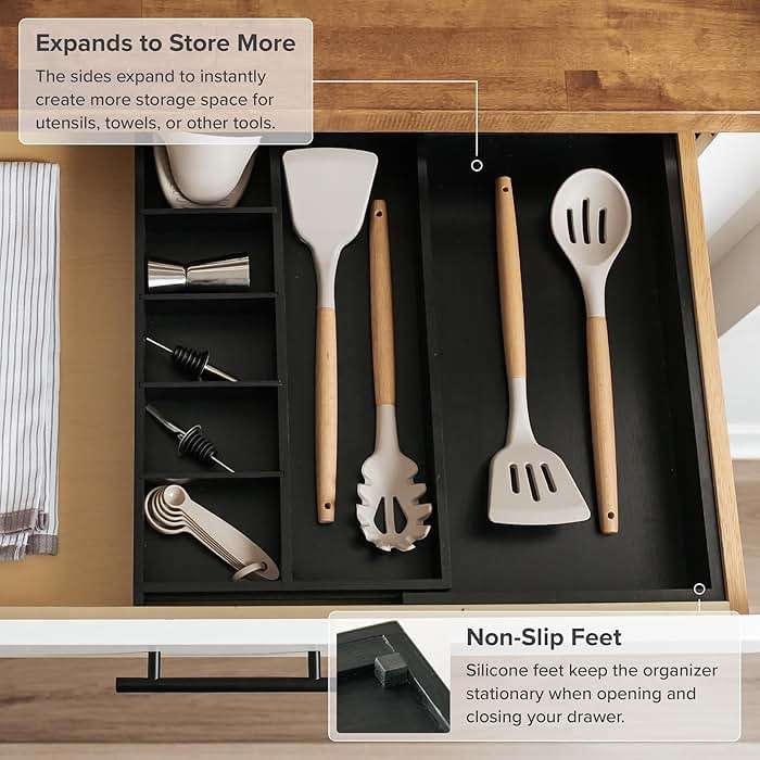 KitchenEdge Adjustable Kitchen Drawer Organizer for Utensils and Junk, Food-Safe Contract Grade with 100% Sustainable Wood, Expandable from 10.5 to 19 Inches Wide - Black Bamboo - Image 7