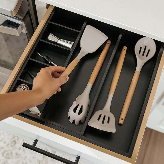 KitchenEdge Adjustable Kitchen Drawer Organizer for Utensils and Junk, Food-Safe Contract Grade with 100% Sustainable Wood, Expandable from 10.5 to 19 Inches Wide - Black Bamboo - Image 8