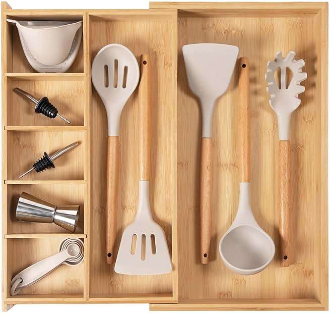 KitchenEdge Adjustable Kitchen Drawer Organizer for Utensils and Junk, Food-Safe Contract Grade with 100% Sustainable Wood, Expandable from 10.5 to 19 Inches Wide - Natural Bamboo - Image 1