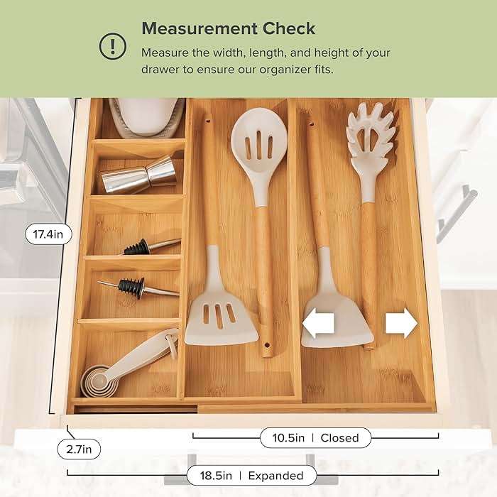 KitchenEdge Adjustable Kitchen Drawer Organizer for Utensils and Junk, Food-Safe Contract Grade with 100% Sustainable Wood, Expandable from 10.5 to 19 Inches Wide - Natural Bamboo - Image 2