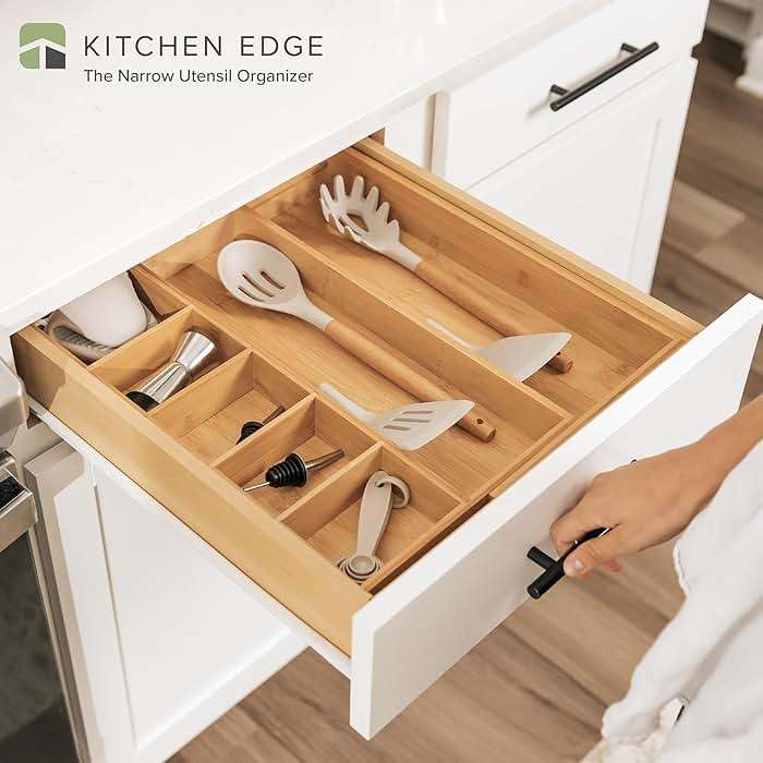 KitchenEdge Adjustable Kitchen Drawer Organizer for Utensils and Junk, Food-Safe Contract Grade with 100% Sustainable Wood, Expandable from 10.5 to 19 Inches Wide - Natural Bamboo - Image 3