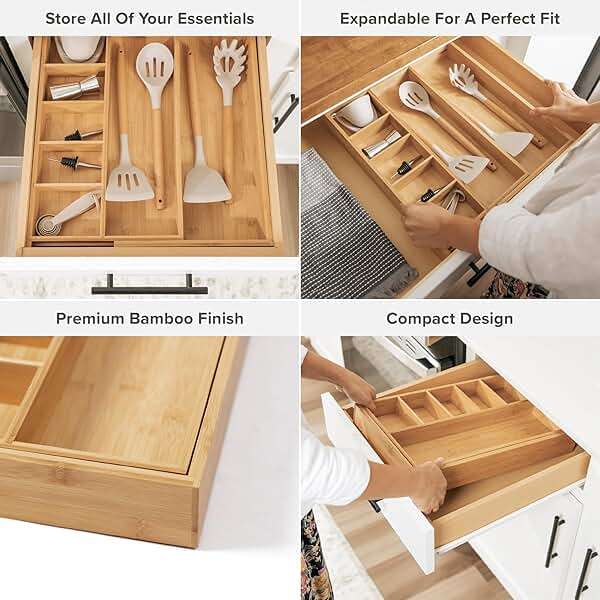 KitchenEdge Adjustable Kitchen Drawer Organizer for Utensils and Junk, Food-Safe Contract Grade with 100% Sustainable Wood, Expandable from 10.5 to 19 Inches Wide - Natural Bamboo - Image 4