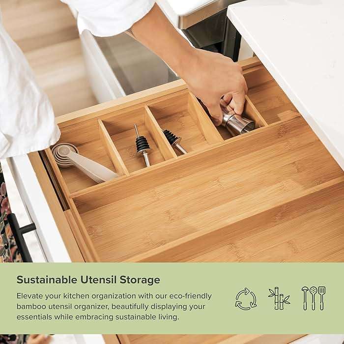 KitchenEdge Adjustable Kitchen Drawer Organizer for Utensils and Junk, Food-Safe Contract Grade with 100% Sustainable Wood, Expandable from 10.5 to 19 Inches Wide - Natural Bamboo - Image 5