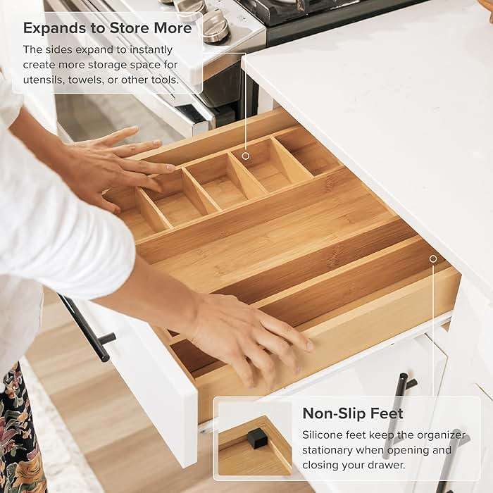 KitchenEdge Adjustable Kitchen Drawer Organizer for Utensils and Junk, Food-Safe Contract Grade with 100% Sustainable Wood, Expandable from 10.5 to 19 Inches Wide - Natural Bamboo - Image 6