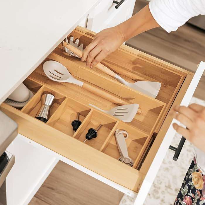 KitchenEdge Adjustable Kitchen Drawer Organizer for Utensils and Junk, Food-Safe Contract Grade with 100% Sustainable Wood, Expandable from 10.5 to 19 Inches Wide - Natural Bamboo - Image 7