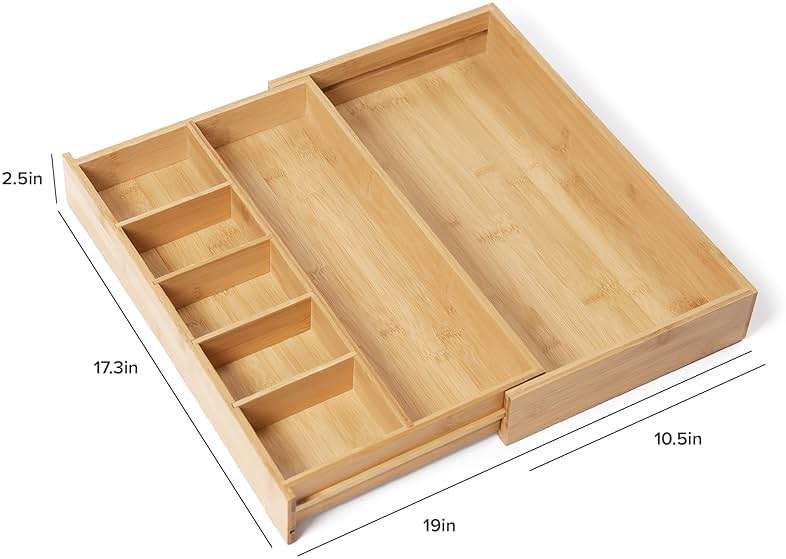 KitchenEdge Adjustable Kitchen Drawer Organizer for Utensils and Junk, Food-Safe Contract Grade with 100% Sustainable Wood, Expandable from 10.5 to 19 Inches Wide - Natural Bamboo - Image 8