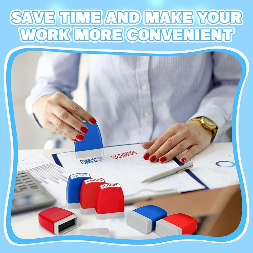 Crtiin 16 Pcs Office Stamp Set Message Self Inking Rubber Stamp Set for Office Stamps Completed Faxed Scanned Stamps for Message Supplies(Red, Blue) - Image 3