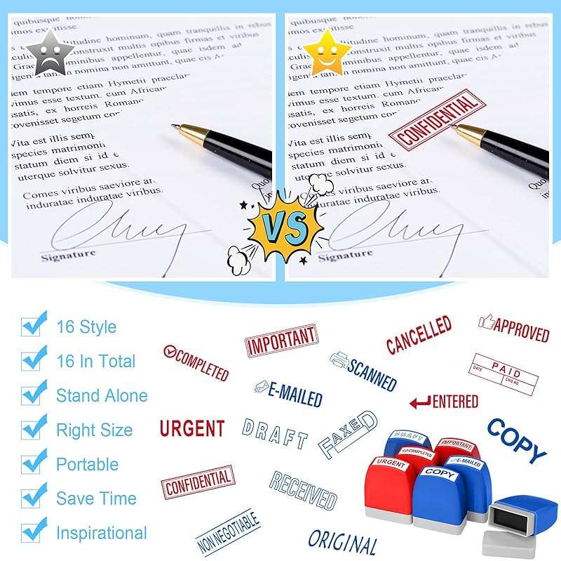 Crtiin 16 Pcs Office Stamp Set Message Self Inking Rubber Stamp Set for Office Stamps Completed Faxed Scanned Stamps for Message Supplies(Red, Blue) - Image 4
