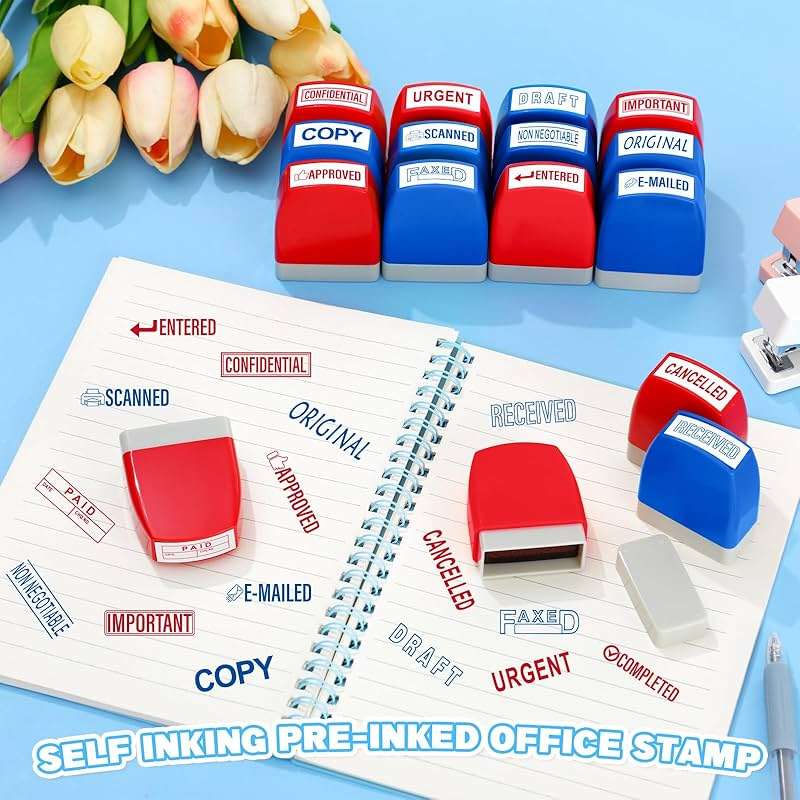 Crtiin 16 Pcs Office Stamp Set Message Self Inking Rubber Stamp Set for Office Stamps Completed Faxed Scanned Stamps for Message Supplies(Red, Blue) - Image 6