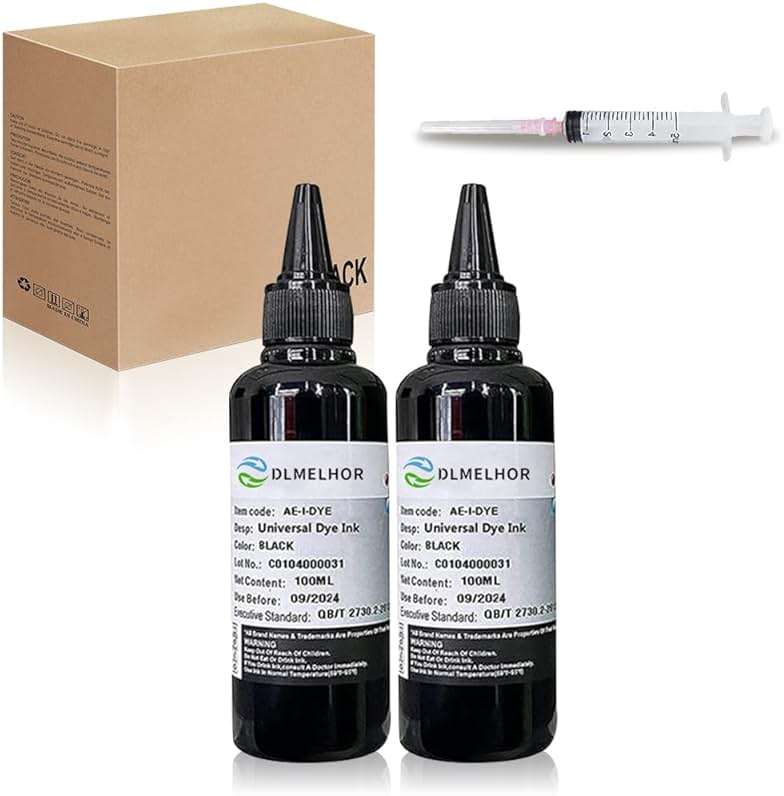 Universal Dye Ink Refill Kit 2 Black for HP Canon Epn Brother Lexmark Samsung Dell Kodak Inkjet Printers Compatible Cartridges Refillable Cartridge CISS CIS System with Syringes(2BK x 100ml) - Image 1