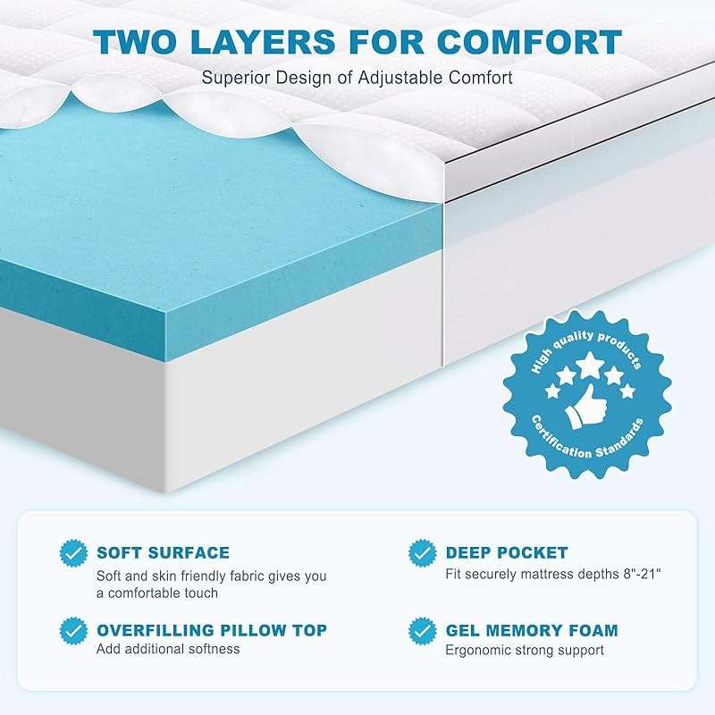MASVIS Queen Size Dual Layer 4 Inch Memory Foam Mattress Topper, 2 Inch Cooling Gel Memory Foam and 2 Inch Pillow Top Mattress Pad Cover for Back Pain, Medium Support - Image 2