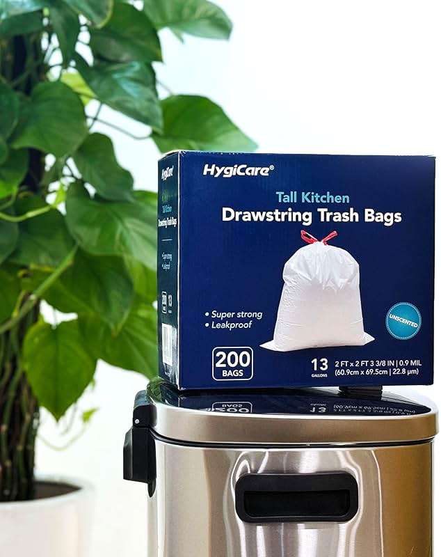 HygiCare 13 Gallon Tall Kichen Trash Bags, Unscented 200 Count Drawstring Garbage Bags, Pre-Separated, Ultra Strong, Leakproof, Sturdy, White - Image 3
