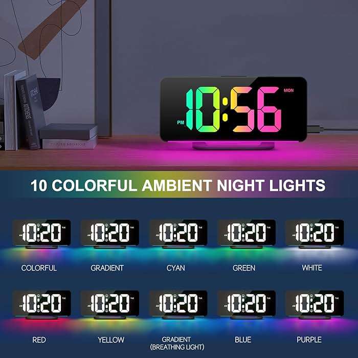 Digital Alarm Clock, Large LED Digital Clock for Bedrooms with 10 Color Changing Night Light, Adjustable Brightness, USB Charging Port, Bedside and Desk Clock for Living Room Office Decor (Black) - Image 3