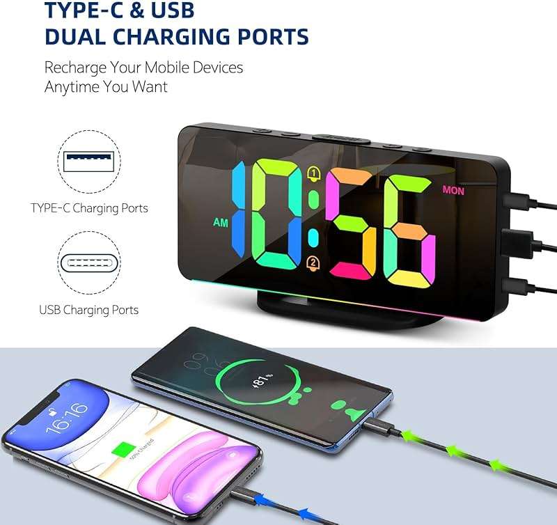 Digital Alarm Clock, Large LED Digital Clock for Bedrooms with 10 Color Changing Night Light, Adjustable Brightness, USB Charging Port, Bedside and Desk Clock for Living Room Office Decor (Black) - Image 5