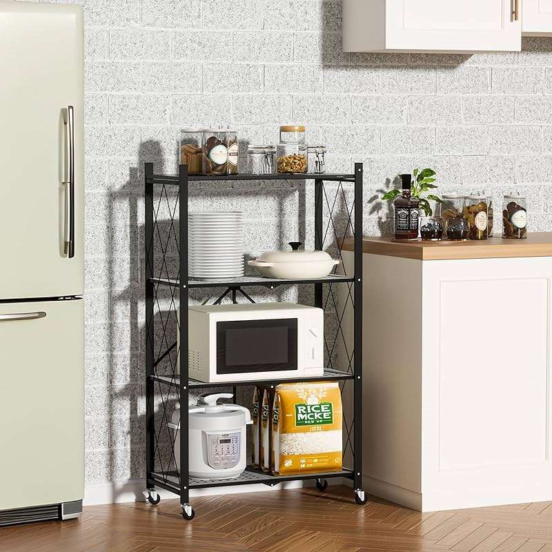ALANNG Heavy Duty 4-Tier Folding Shelf with Wheels, No Tools Assembly Metal Storage Rack Cart, 264LBS Capacity for Kitchen, Pantry, Laundry Room, Garage, (Black, 1PACK) - Image 2