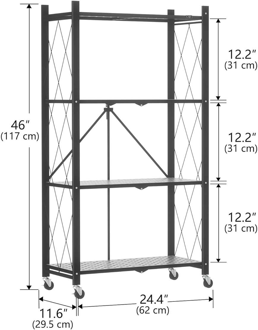 ALANNG Heavy Duty 4-Tier Folding Shelf with Wheels, No Tools Assembly Metal Storage Rack Cart, 264LBS Capacity for Kitchen, Pantry, Laundry Room, Garage, (Black, 1PACK) - Image 3