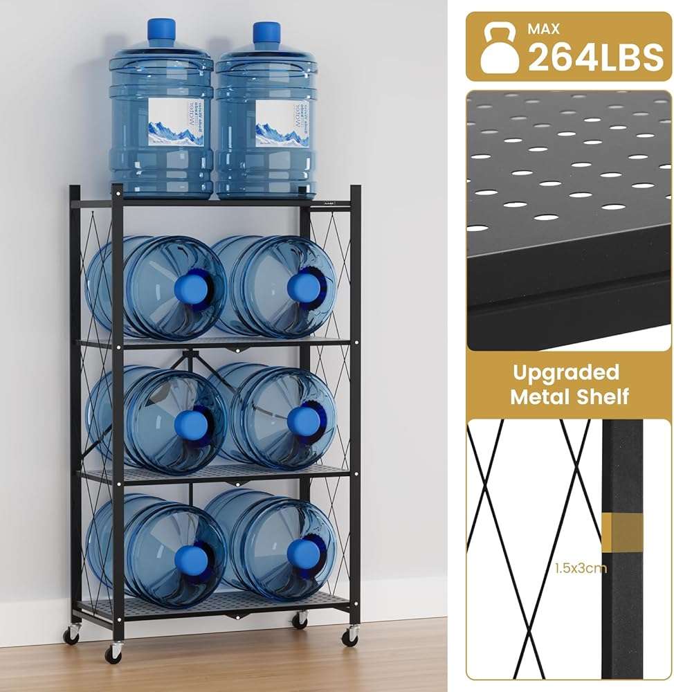 ALANNG Heavy Duty 4-Tier Folding Shelf with Wheels, No Tools Assembly Metal Storage Rack Cart, 264LBS Capacity for Kitchen, Pantry, Laundry Room, Garage, (Black, 1PACK) - Image 4