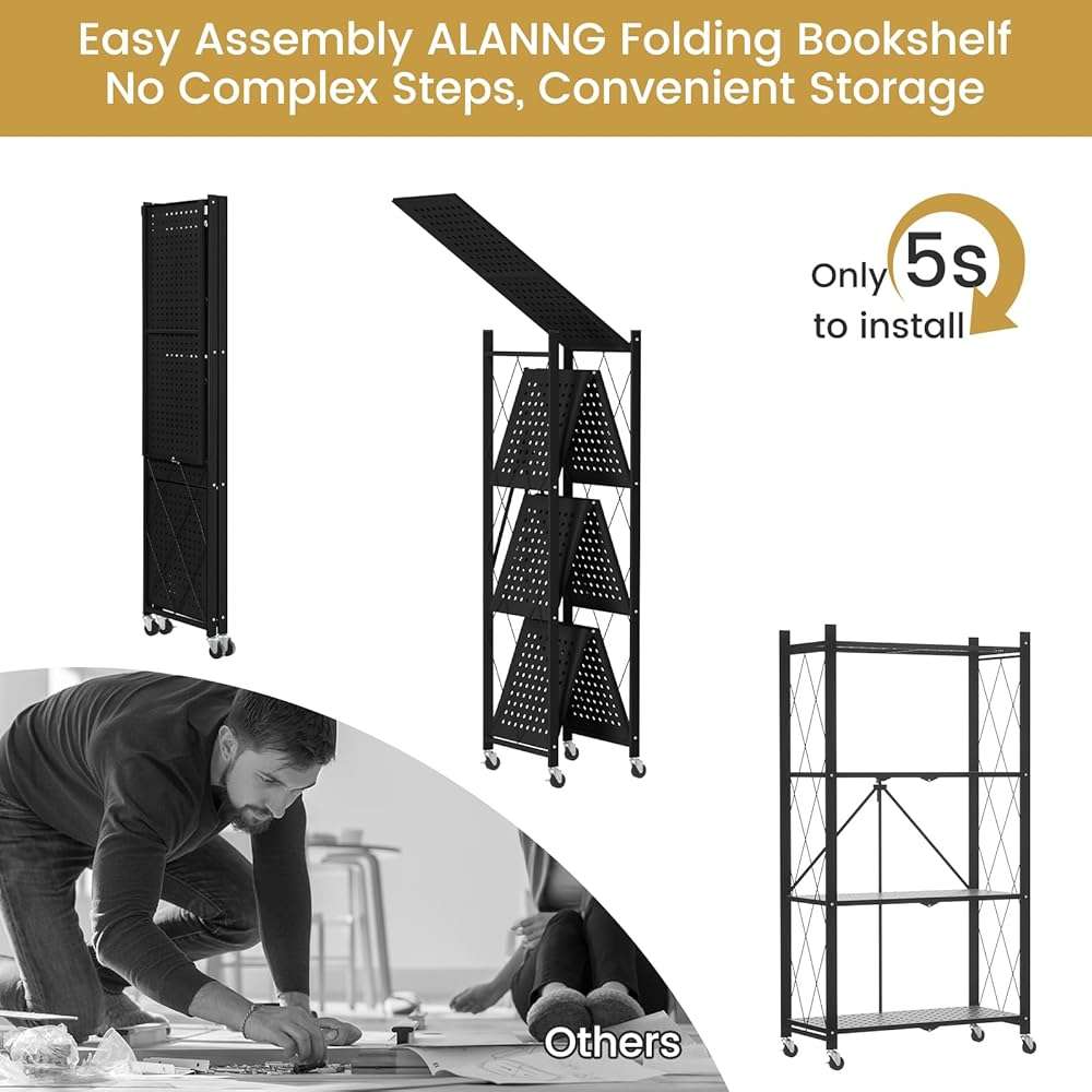 ALANNG Heavy Duty 4-Tier Folding Shelf with Wheels, No Tools Assembly Metal Storage Rack Cart, 264LBS Capacity for Kitchen, Pantry, Laundry Room, Garage, (Black, 1PACK) - Image 5