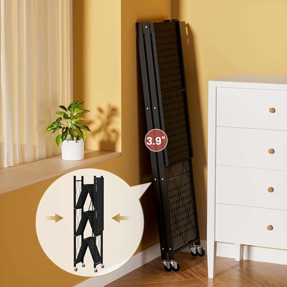 ALANNG Heavy Duty 4-Tier Folding Shelf with Wheels, No Tools Assembly Metal Storage Rack Cart, 264LBS Capacity for Kitchen, Pantry, Laundry Room, Garage, (Black, 1PACK) - Image 6