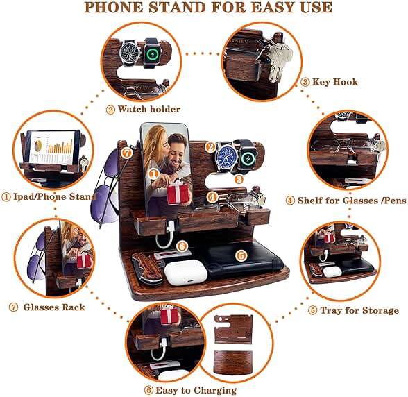 VEIYAILU Gifts for Men Women Dad Husband Boyfriend Wood Phone Docking Station Nightstand Organizer for Men Birthday Gifts (Dark Brown) - Image 5