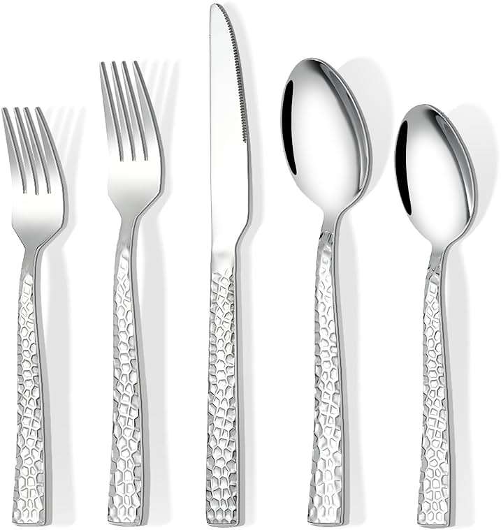 20-Piece Silverware Set, Hammered Stainless Steel Flatware Set for 4, Kitchen Utensil Cutlery Set Include Forks and Spoons Knives Flatware Set, Mirror Finish & Durable, Dishwasher Safe - Image 1