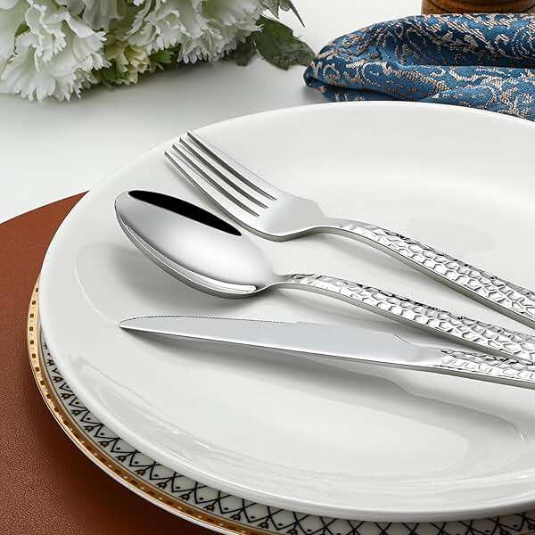 20-Piece Silverware Set, Hammered Stainless Steel Flatware Set for 4, Kitchen Utensil Cutlery Set Include Forks and Spoons Knives Flatware Set, Mirror Finish & Durable, Dishwasher Safe - Image 2