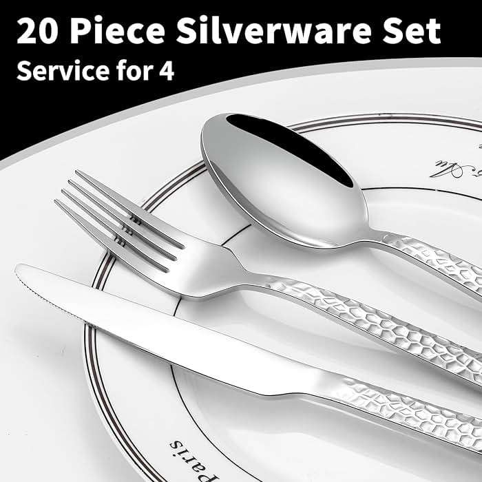 20-Piece Silverware Set, Hammered Stainless Steel Flatware Set for 4, Kitchen Utensil Cutlery Set Include Forks and Spoons Knives Flatware Set, Mirror Finish & Durable, Dishwasher Safe - Image 3