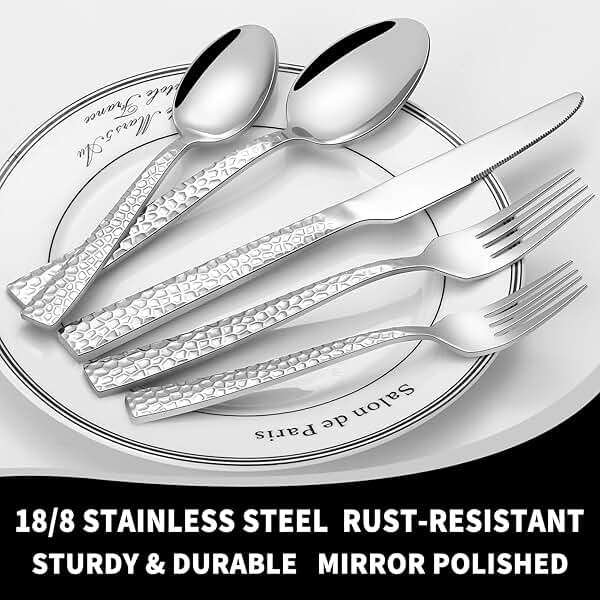 20-Piece Silverware Set, Hammered Stainless Steel Flatware Set for 4, Kitchen Utensil Cutlery Set Include Forks and Spoons Knives Flatware Set, Mirror Finish & Durable, Dishwasher Safe - Image 4