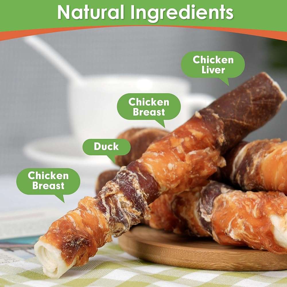 MON2SUN Dog Treats, Triple Flavor 6 Inch Chicken Liver Duck and Chicken Wrapped Rawhide Sticks, Teeth Cleaning Snacks for Medium Dogs, 17.6 oz (10 Count-Pack of 1) - Image 2