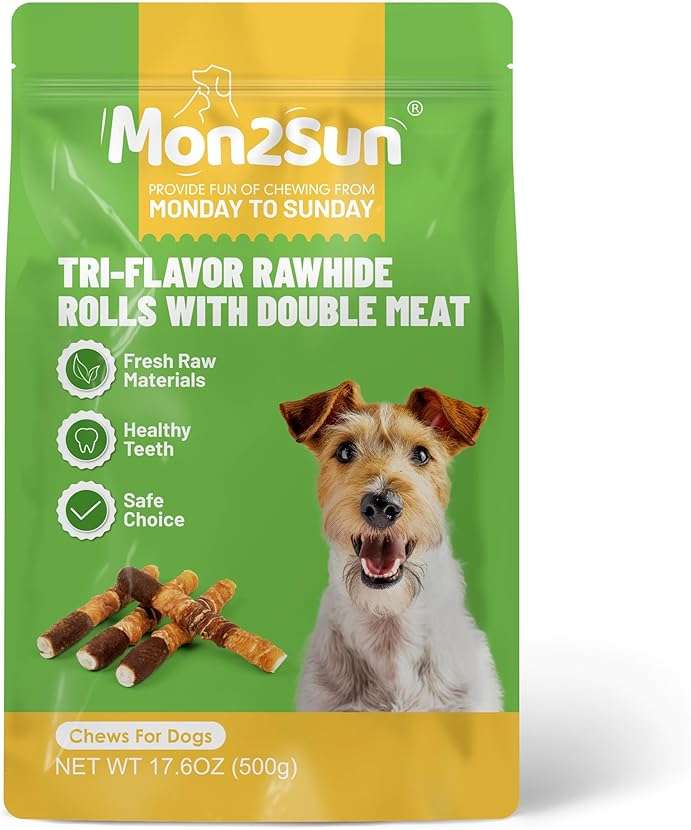 MON2SUN Dog Treats, Triple Flavor 6 Inch Chicken Liver Duck and Chicken Wrapped Rawhide Sticks, Teeth Cleaning Snacks for Medium Dogs, 17.6 oz (10 Count-Pack of 1) - Image 8