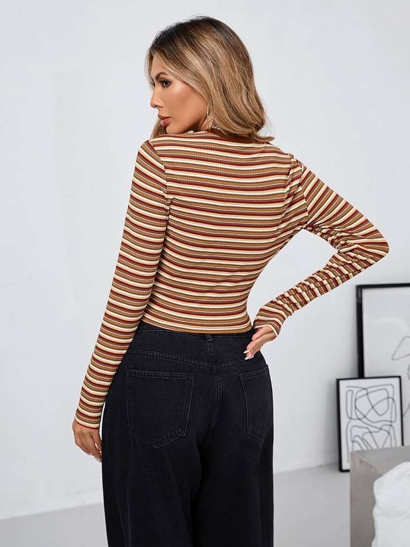 Milumia Women's Retro Fitted Long Sleeve Striped T Shirt Colorful Ribbed Crew Neck Fall Crop Top - Image 2
