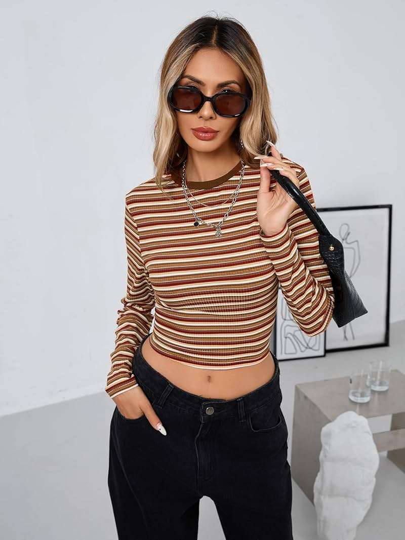 Milumia Women's Retro Fitted Long Sleeve Striped T Shirt Colorful Ribbed Crew Neck Fall Crop Top - Image 5