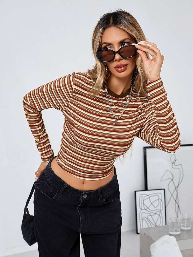 Milumia Women's Retro Fitted Long Sleeve Striped T Shirt Colorful Ribbed Crew Neck Fall Crop Top - Image 6