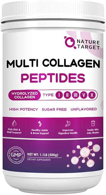 NATURE TARGET Multi Collagen Peptides Powder - Type I, II, III, V, X - Hydrolyzed Collagen Peptides with Vitamin C Hyaluronic Acid, Supports Skin Hair Nail & Joint, Grass-Fed, Non-GMO, 50 Servings - Image 1