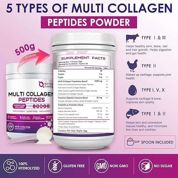 NATURE TARGET Multi Collagen Peptides Powder - Type I, II, III, V, X - Hydrolyzed Collagen Peptides with Vitamin C Hyaluronic Acid, Supports Skin Hair Nail & Joint, Grass-Fed, Non-GMO, 50 Servings - Image 2