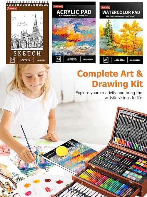 Soucolor Art Supplies, 192-Pack Deluxe Art Set Drawing Painting Supplies Kit with Acrylic Pad, Watercolor Pad, Sketch Book, Canvases, Acrylic Paint, Crayons, Pencils, Gifts for Artist Adults Teen Kids - Image 4