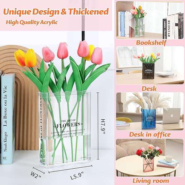 Book-Shaped Vase for Flowers, Book Lovers Gifts, Aesthetic Room Decor Cute Flowers Vases & Must-Have for Home, Bookshelf, Bedroom & Office Decor for Women & Teacher Gift - Like Mothers Day (Clear) - Image 3